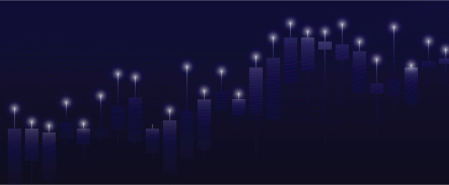 Glowing blue stock market candlestick chart showing financial trading data, market growth, exchange trends, and digital tech analytics on dark background.