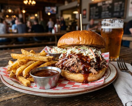 Pulled pork sandwich with coleslaw and fries on a wooden table  