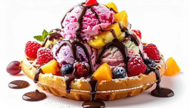 Hong Kong bubble waffle topped with colorful ice cream, fresh fruits, candy and chocolate sauce, vibrant dessert photography, isolated on white background