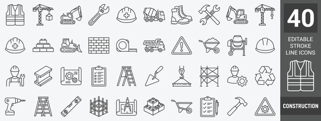 Construction thin line icon set crane excavator bulldozer worker helmet © Zilkasun