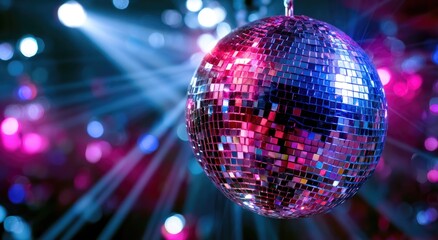 Obraz premium Sparkly disco ball reflecting vibrant pink and blue lights in a club