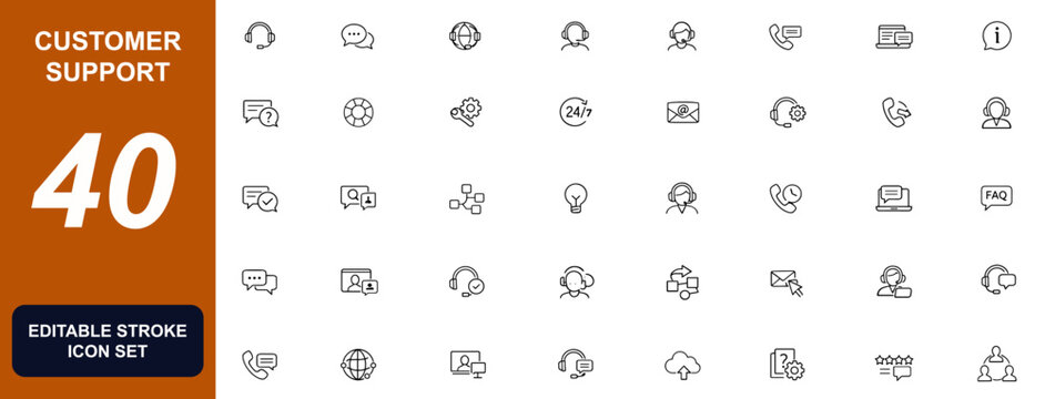 Customer support and help desk icon set with customer service, contact centre, technical assistance, call centre, chat agent, hotline, feedback and communication symbols vector