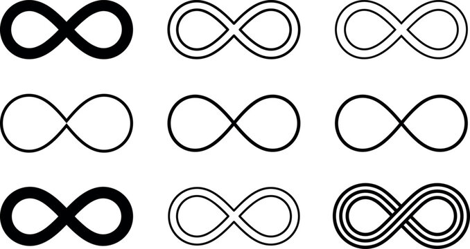 Infinity symbol vector icon set with minimal outline solid and linear ribbon loops for endless time concept logo template