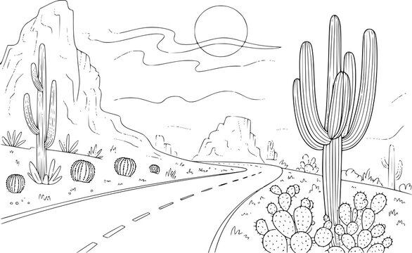 Una p&aacute;gina para colorear en blanco y negro que presenta un paisaje des&eacute;rtico esc&eacute;nico con cactus y un camino sinuoso