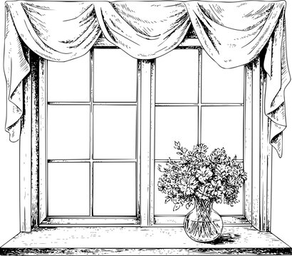 Una l&iacute;nea en blanco y negro de una ventana con cortinas drapeadas y un jarr&oacute;n de flores en el interior