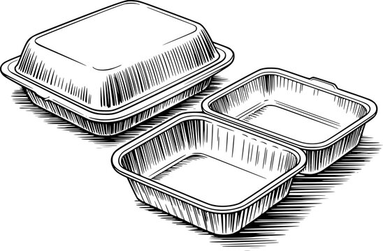 Una l&iacute;nea en blanco y negro de recipientes de comida desechables vac&iacute;os para servicio de comida para llevar y entrega a domicilio