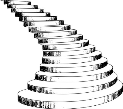 Imagen en blanco y negro de una escalera de caracol que se curva hacia arriba sobre un fondo blanco liso aislado