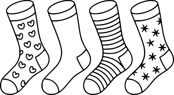Una colecci&oacute;n de cuatro calcetines con diferentes patrones en un estilo simple de l&iacute;nea en blanco y negro para p&aacute;ginas para colorear