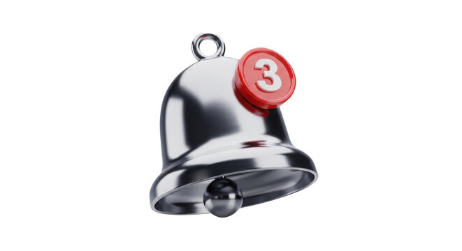 3d metallic notification bell icon with red alert badge isolated on transparent background