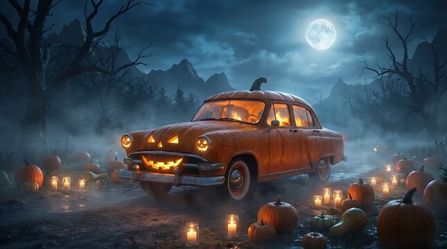 Spooky vintage car carved as a pumpkin in a dark haunted forest at night with full moon and candles.