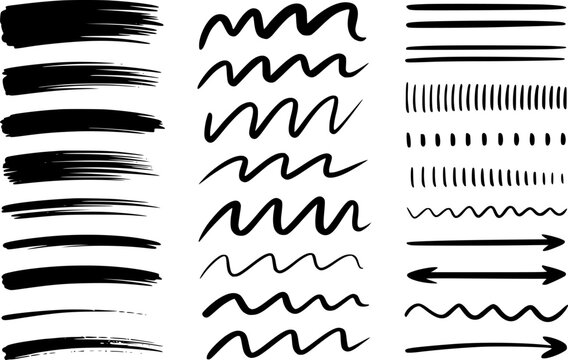 Una colecci&oacute;n de trazos de pincel de tinta negra dibujados a mano, l&iacute;neas onduladas, flechas y texturas sobre un fondo blanco