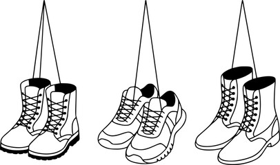 Una colección de tres pares de diferentes tipos de zapatos colgados de cuerdas en una línea simple en blanco y negro © StockMingle