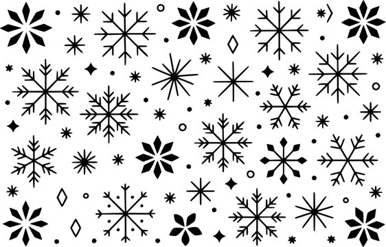 Una colecci&oacute;n de varios copos de nieve negros y s&iacute;mbolos de invierno aislados en un patr&oacute;n de fondo blanco liso