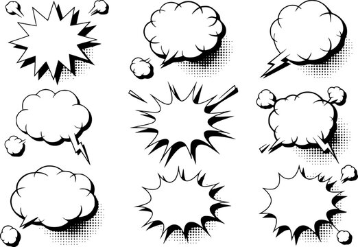 Una colecci&oacute;n de varias burbujas de di&aacute;logo estilo c&oacute;mic y r&aacute;fagas de explosi&oacute;n con patrones de puntos de medio tono aislados