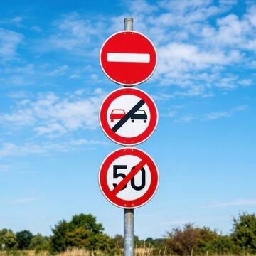 Traffic Sign Pole With Multiple Restrictions Against Driving And Speed Under Blue Skies