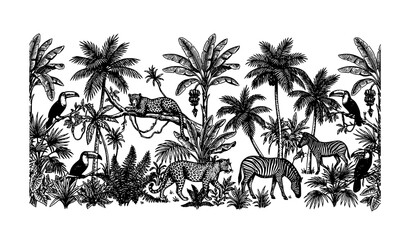 Elegant Tropical Botanical Toile Jungle Animal Seamless Border Vector © Shaon