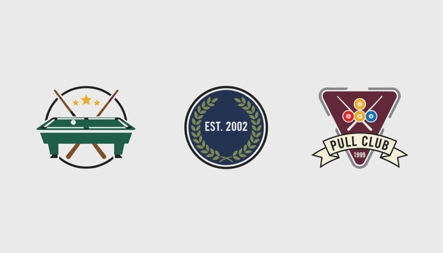 Collection of three vintage style billiards and pool club logo emblems