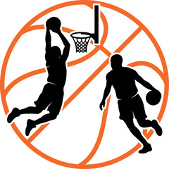 Basketball player slam dunk silhouette vector logo with orange ball lines and hoop for tournament sports league design element © Rashidul