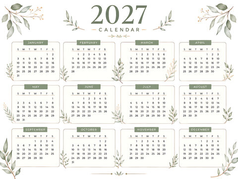 2027 Calendar with botanical leaf illustrations, elegant yearly planner template, minimalist sage green floral wall calendar for home office organization