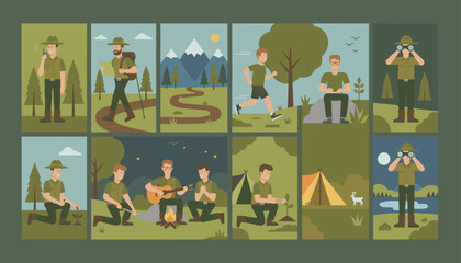 Fototapeta premium Forest ranger performing various outdoor activities including hiking planting trees and camping
