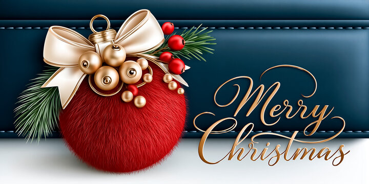 Fluffy soft ball, Christmas ball, berry. Merry Christmas card red background.