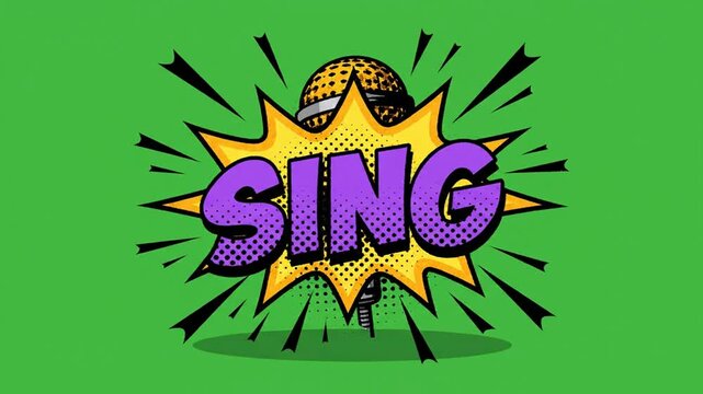 Pop sing comic book style animation with microphone and speech bubble on green screen background singing