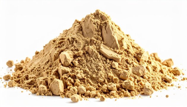 Heap of organic maca powder isolated on white background, superfood ingredient