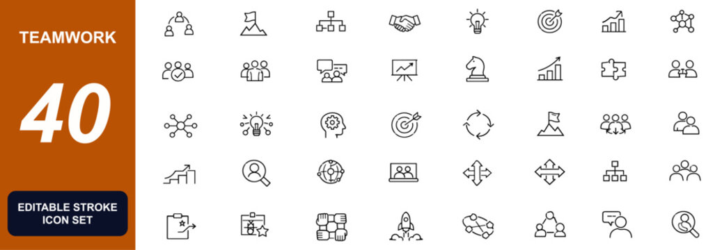 Business teamwork and collaboration icon set with partnership, cooperation, leadership, brainstorming, unity, office meeting, corporate goals, support and success vector illustration