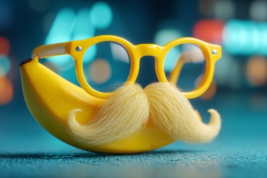 Playful disguise for april fool's day fun. Neon interfaces. Oversized glasses and mustache disguise on bright yellow for april fool's. Ai visuals. Smart analytics.