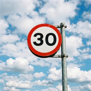 Thirty Speed Limit Traffic Sign Against A Blue Sky And White Clouds