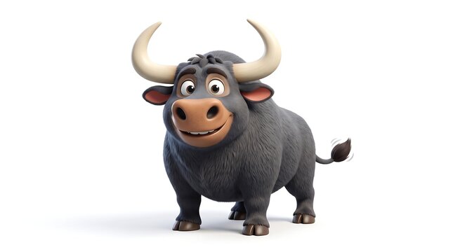 Friendly cartoon bull character with large horns, cute 3D animated ox mascot on white background, playful black bull illustration for children