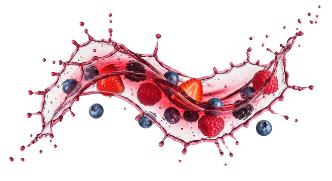Fresh mixed berries splashing in juice isolated on transparent background