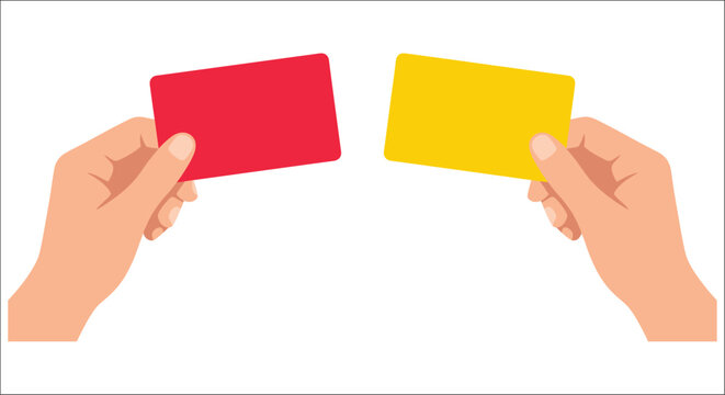Red and yellow cards held by hands a flat vector illustration on a white background