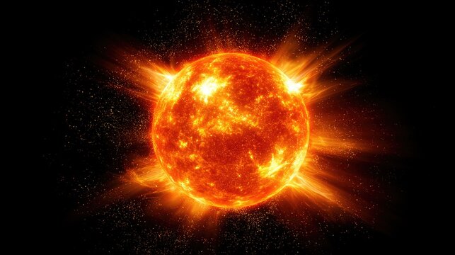 A bright, fiery celestial orb erupts with intense solar flares against a dark backdrop