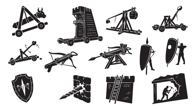 Collection of medieval siege weapons and military equipment silhouettes isolated on white background.
