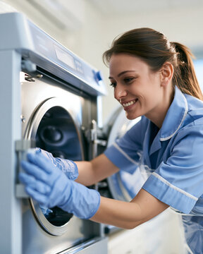 Smiling laundry worker in blue uniform with washing machine inside laundry room professional housekeeping service