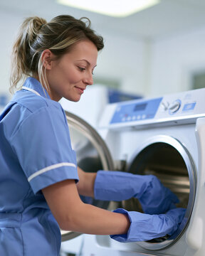 Smiling healthcare worker in blue uniform and gloves cleaning textiles in laundry room near washing machine