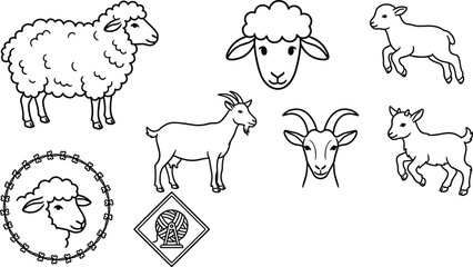 Farm Animal Collection with Sheep, Goat, Lamb, Ram and Wool Livestock Line Art Vector SetFarm Animal Collection  © Nadia