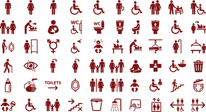 Comprehensive set of public wayfinding and restroom icons with restroom