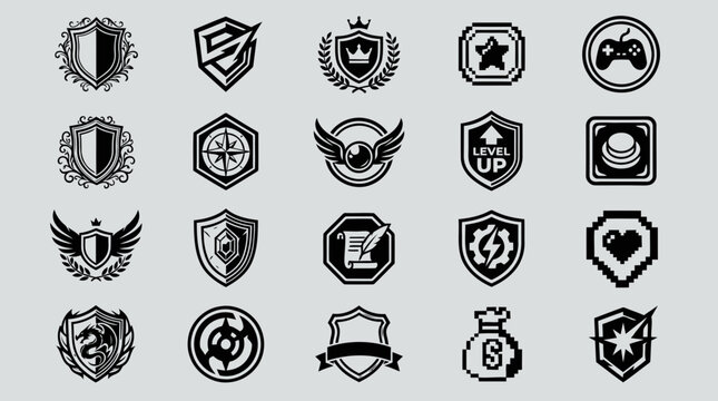 Collection of gaming and fantasy inspired shield emblems with various symbols and icons set.