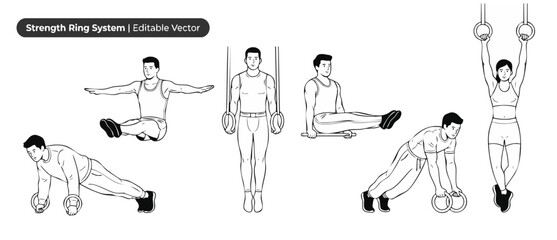 Gymnastic rings workout vector illustration showing athletes performing calisthenics exercises, ring pushups, L-sit holds, dips, and hanging poses for fitness training diagram, black line art © Dinali