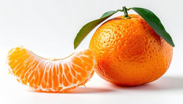 Whole mandarin with peeled segment, isolated on white background