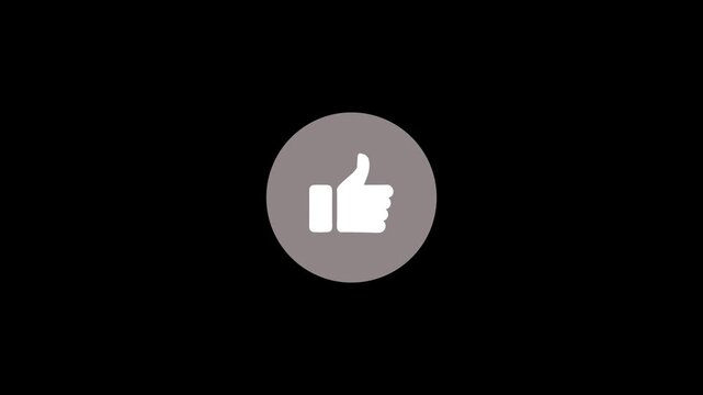 Animated grey circle thumbs up like button social media icon lower third graphic element on black background.