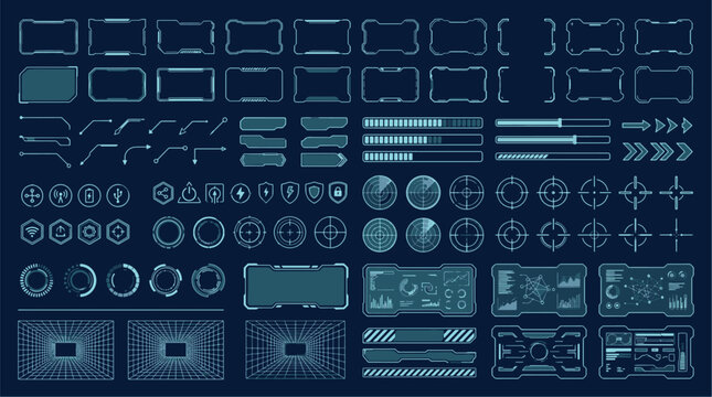 Futuristic hud UI elements set for sci-fi digital interface design with sci fi interface technology futuristic crosshair infographic application software communication collection