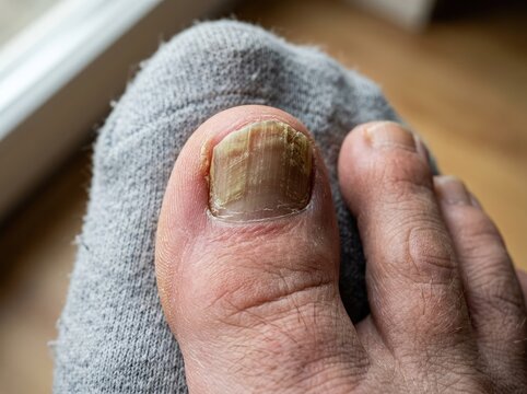 Close up view of human big toe showing signs of fungal nail infection with thickening yellow discoloration