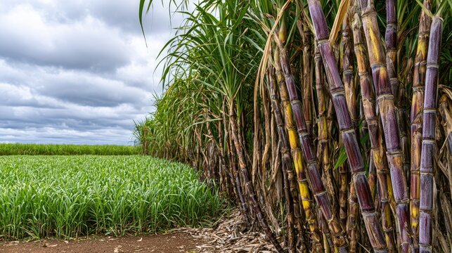 Row of tall, mature sugarcane stalks beside a field of young green shoots