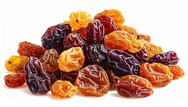 Heap of natural raisins isolated on white background, healthy dried fruit snack