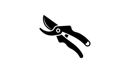 Fototapeta premium Garden pruning shears icon for agricultural landscaping and backyard maintenance tasks illustrated as black silhouette graphic on white space.