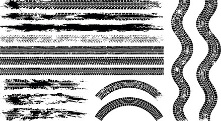 Set of black tire tracks and skid marks for road racing design elements with automotive abstract transportation isolated collection background straight horizontal vertical tiremarks © creative zone