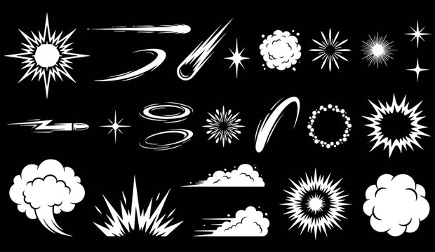 Comic book style action effects collection with explosions impact and smoke explosion illustration superhero shockwave animation movement backdrop isolated collection